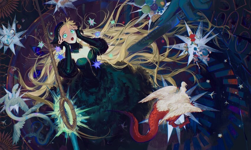 3boys, 3girls, animal_ears, aqua_eyes, black_dress, black_hood, blonde_hair, breasts