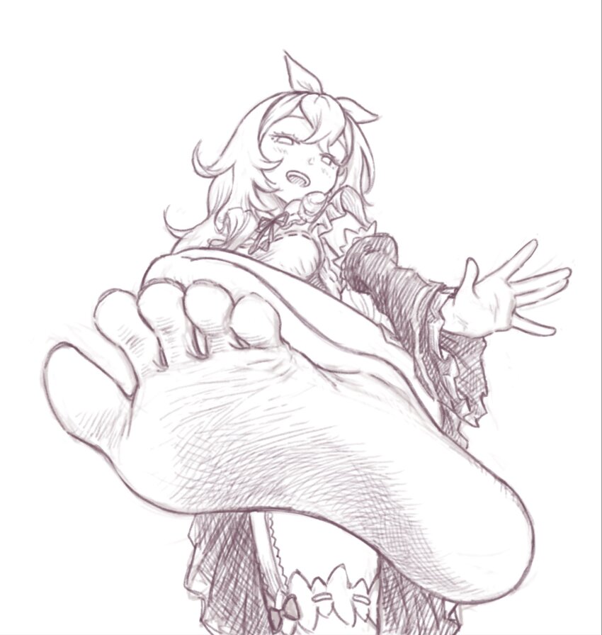 1girl, barefoot, barusuthegoat, blush, feet, garter_straps, highres, long_hair