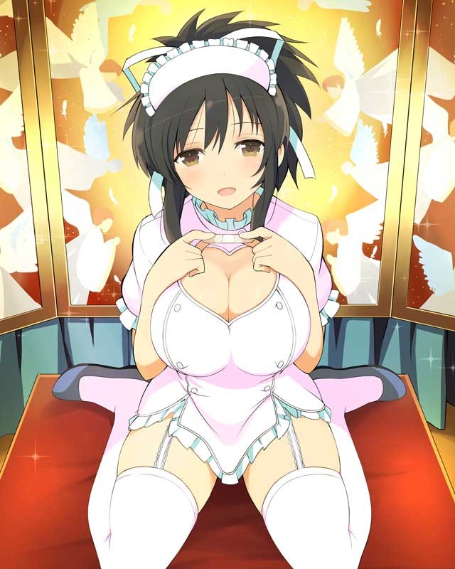 1girl, :d, angel, angel_print, asuka_(senran_kagura), bandaid, black_shoes, blush, breasts, brown_eyes, brown_hair, buttons, cleavage, cleavage_cutout, clothing_cutout, double-breasted, dress, frilled_dress, frilled_hat, frilled_sleeves, frills, game_cg, garter_straps, hair_between_eyes, hair_ribbon, hat, heart_cutout, holding, holding_bandaid, large_breasts, looking_at_viewer, non-web_source, nurse, nurse_cap, official_art, open_mouth, pedestal, pink_dress, ponytail, ribbon, senran_kagura, senran_kagura_new_wave, senran_kagura_shoujo-tachi_no_shin'ei, shiny_skin, shoes, short_hair, short_ponytail, short_sleeves, sidelocks, sitting, smile, solo, sparkle, thighhighs, wariza, white_garter_straps, white_ribbon, white_thighhighs