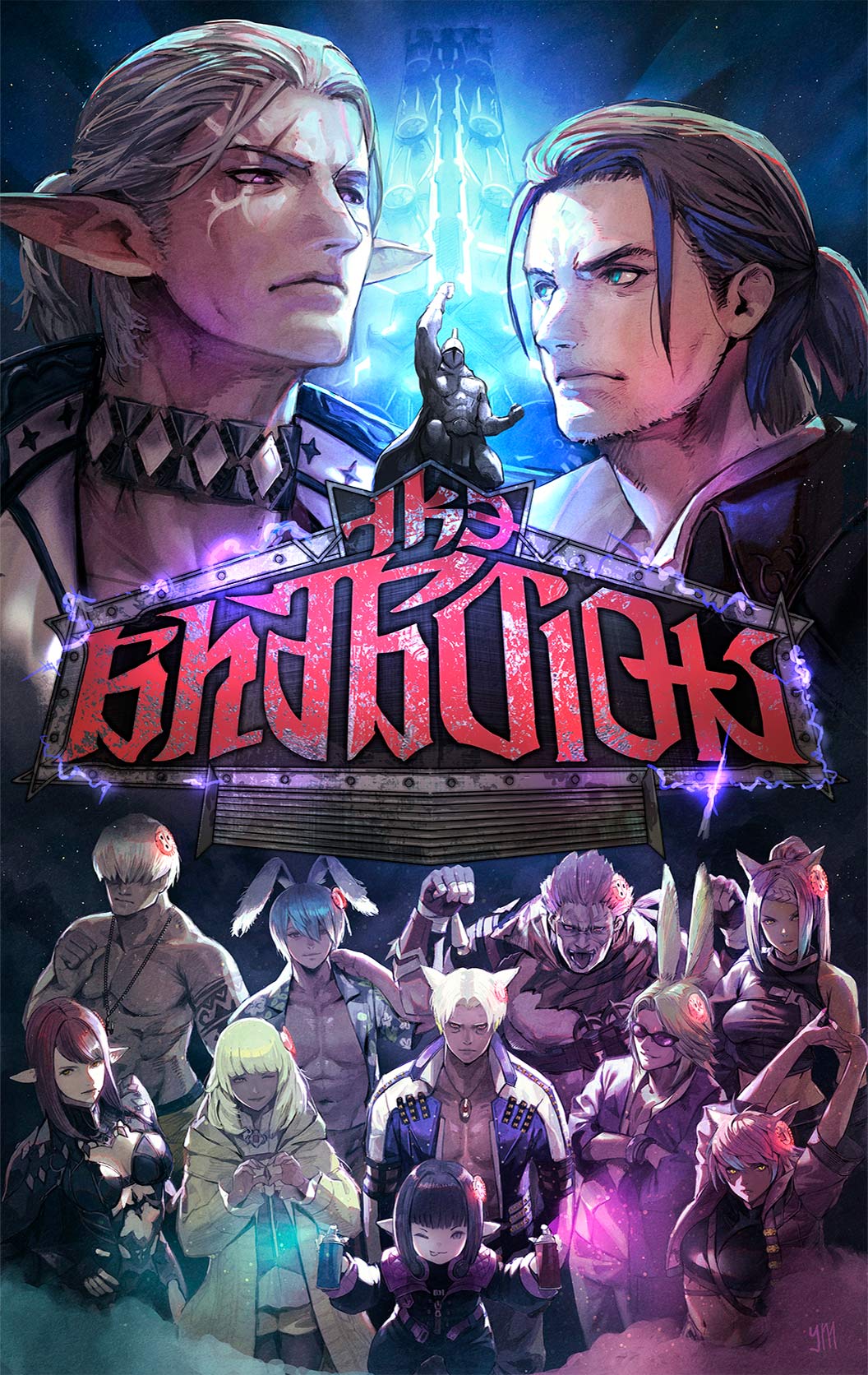 5girls, 6+boys, adventurer_(ff14), animal_ears, breasts, cat_ears, cleavage, crop_top, cropped_jacket, dark-skinned_female, dark-skinned_male, dark_skin, deep_blue_(ff14), eheeya_(ff14), elezen, elf, eutrope_(ff14), final_fantasy, final_fantasy_xiv, hector_(ff14), highres, honey_b._lovely, hyur, jacket, jewelry, lalafell, looking_at_viewer, mogi_yuusuke, multiple_boys, multiple_girls, muscular, muscular_male, necklace, official_art, pointy_ears, promotional_art, rabbit_ears, red_hot_(ff14), retsarra_(ff14), spray_can, standing, statue, stretching, sugar_riot, sunglasses, textless_version, the_tyrant_(ff14), topless_male, vamp_fatale, viera, warrior_of_light_(ff14), yaana_(ff14)