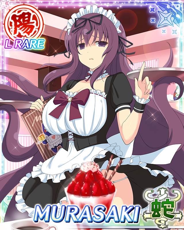 1girl, alternate_costume, apron, black_dress, black_ribbon, border, breasts, card_(medium)