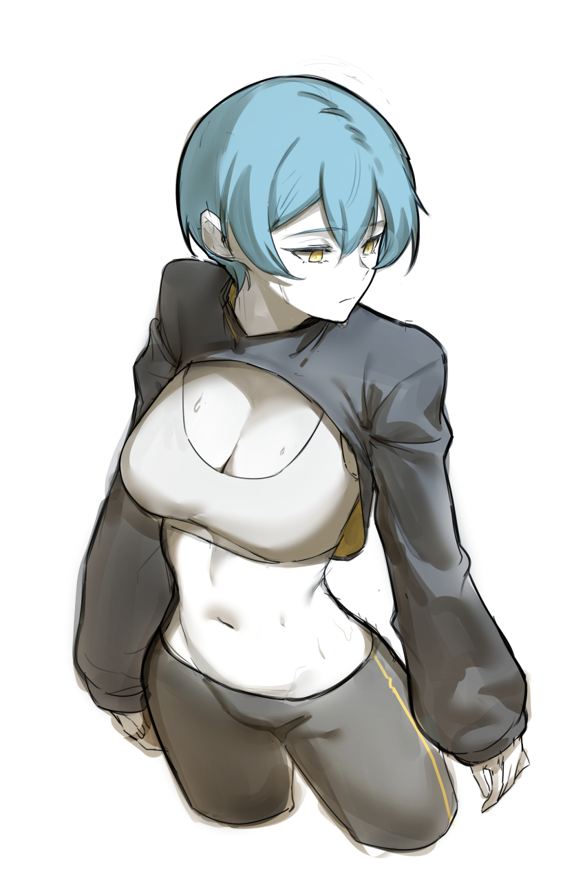 1girl, absurdres, alternate_costume, black_pants, black_shrug, black_sleeves, blue_hair, bra