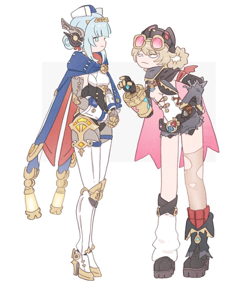 2girls, android, anni_(556_an), armband, belt, black_belt, black_boots, black_hat