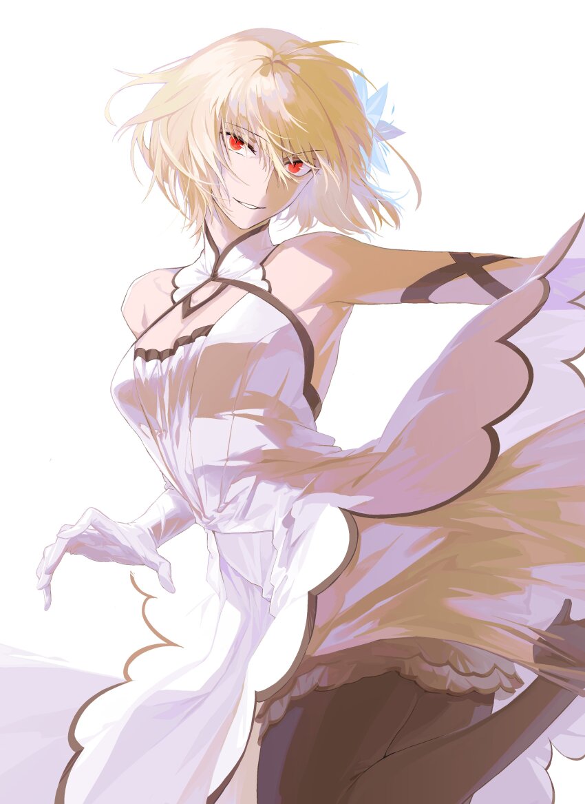 1girl, absurdres, arcueid_brunestud, arcueid_brunestud_(clad_in_glacier), black_pantyhose, black_ribbon, blue_flower, breasts