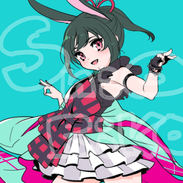 1girl, animal_ears, armpit_crease, black_gloves, black_shirt, blue_background, bow, character_name