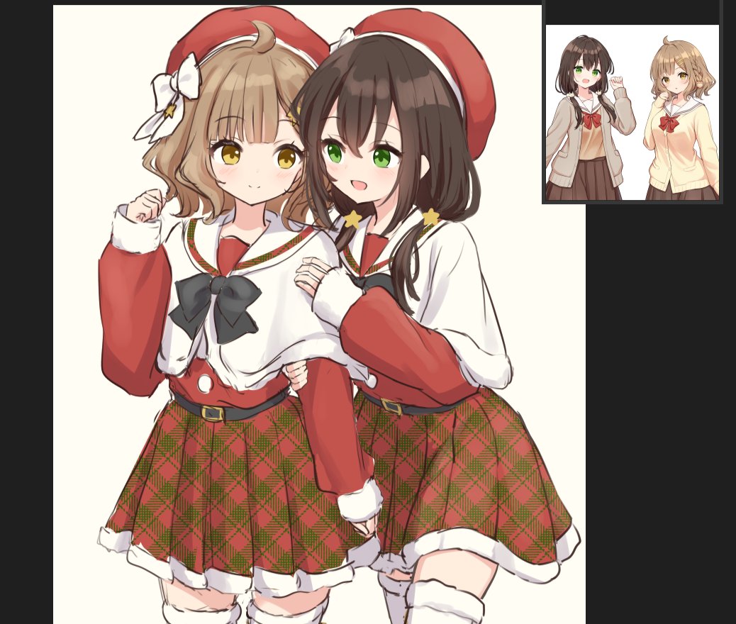 2girls, :d, ahoge, black_bow, black_bowtie, black_hair, blush, bow