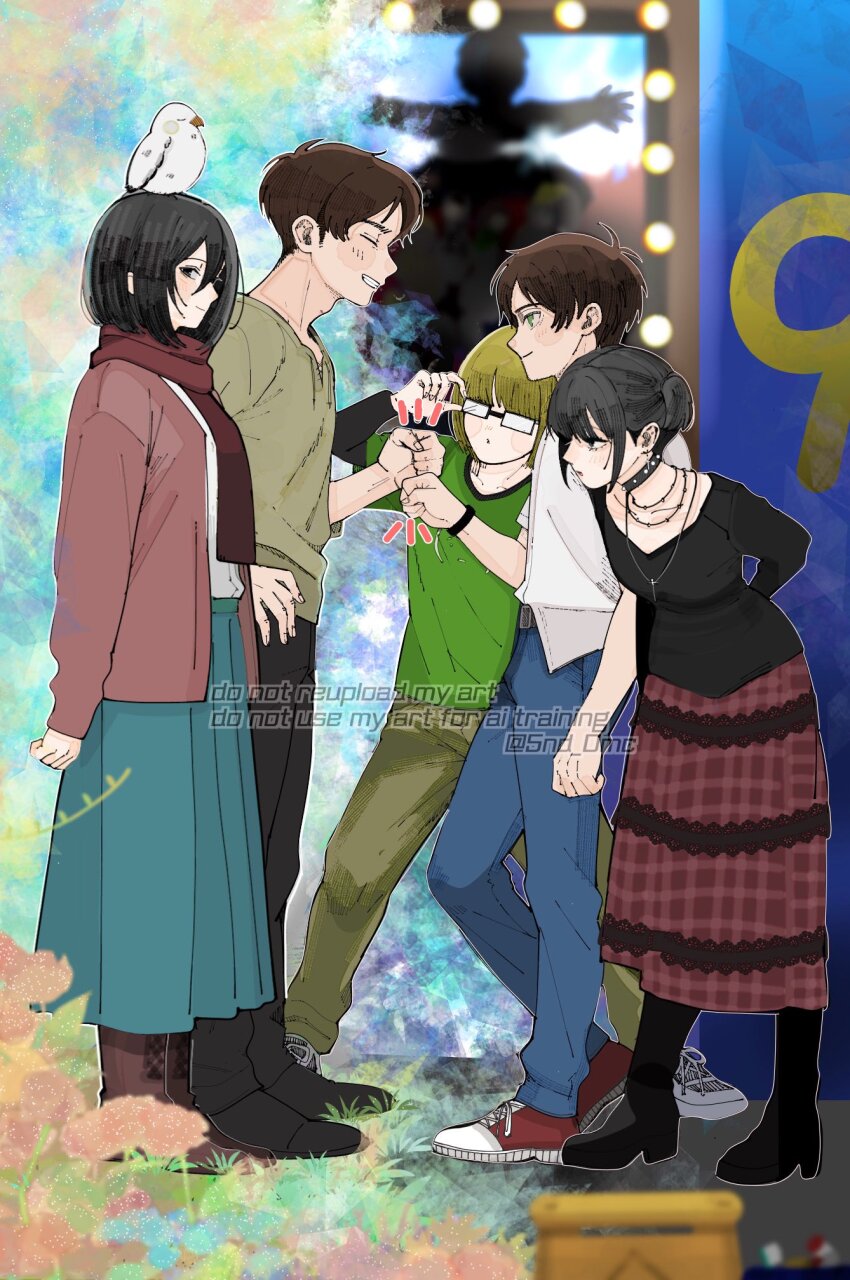 2girls, 3boys, 5nd_0mc, adjusting_eyewear, alternate_universe, animal, animal_on_head, armin_arlert