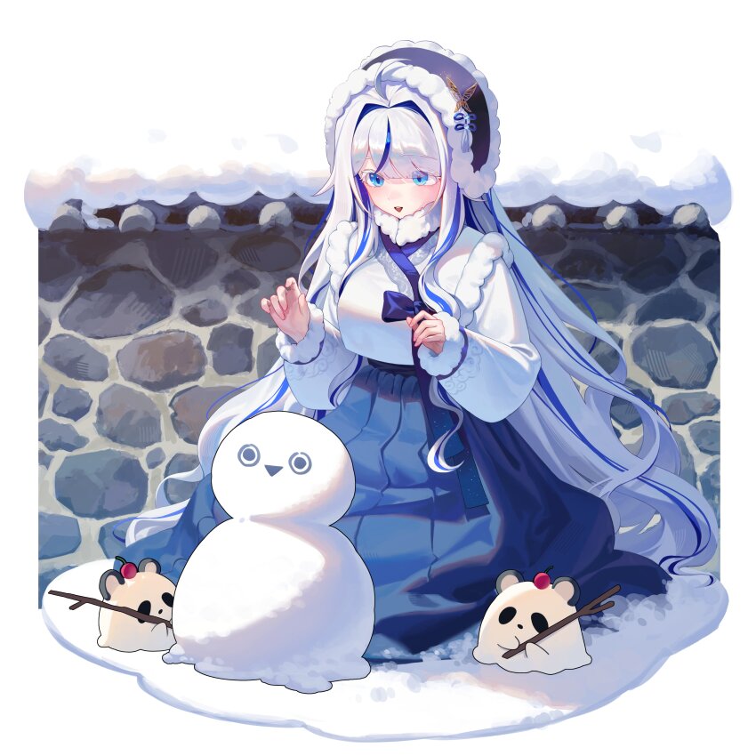 1girl, absurdres, ahoge, aokumo_rin, blue_eyes, blue_hair, blue_skirt, branch