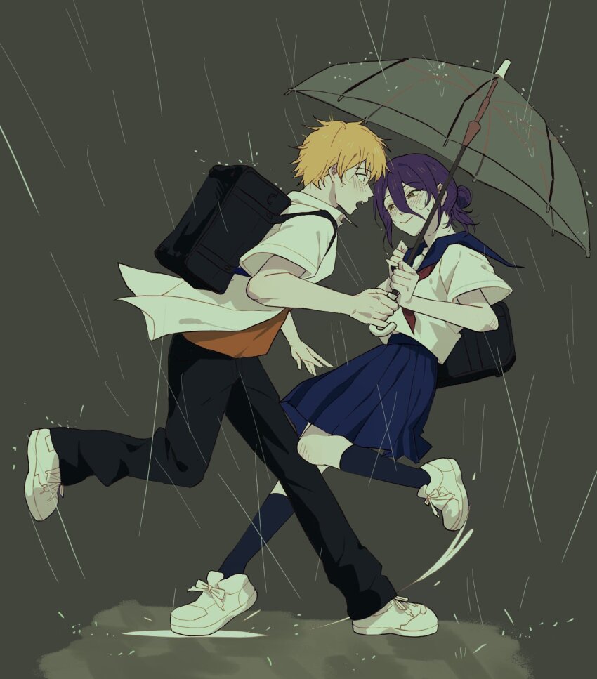 1boy, 1girl, backpack, bag, black_bag, black_pants, black_socks, blonde_hair