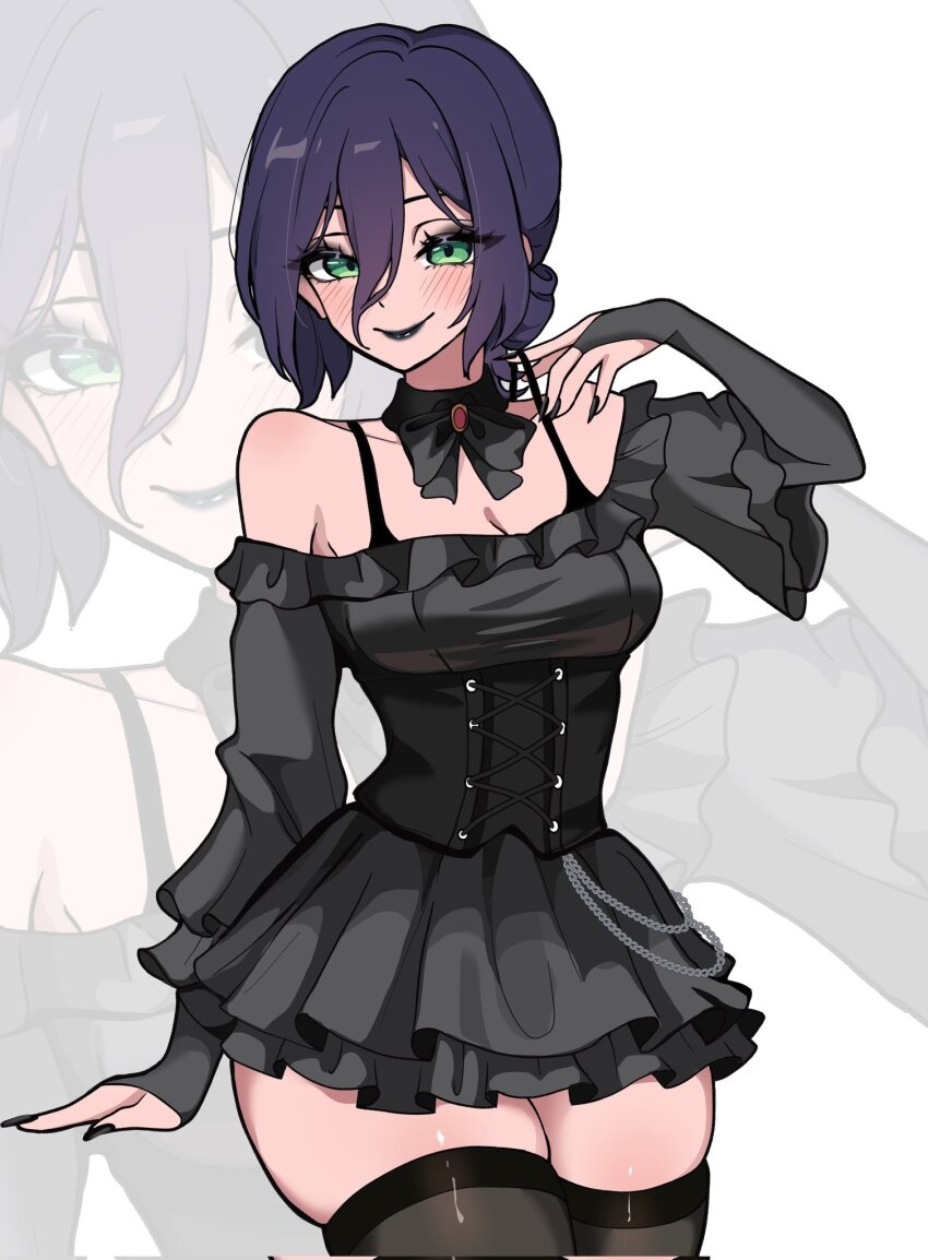 1girl, alternate_costume, asymmetrical_sleeves, bare_shoulders, black_bow, black_bowtie, black_dress, black_nails