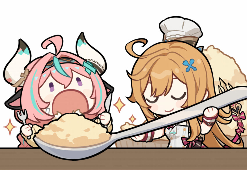 2girls, ahoge, animal_ears, animated, animated_gif, blonde_hair, chef, chef_hat, chibi, closed_eyes, closed_mouth, cow_ears, cow_girl, cow_horns, eating, escoffier_(genshin_impact), feeding, fork, genshin_impact, giant_spoon, hair_ornament, hat, holding, holding_fork, holding_knife, horns, knife, long_sleeves, multiple_girls, official_art, open_mouth, pink_hair, simple_background, smile, varesa_(genshin_impact), white_background