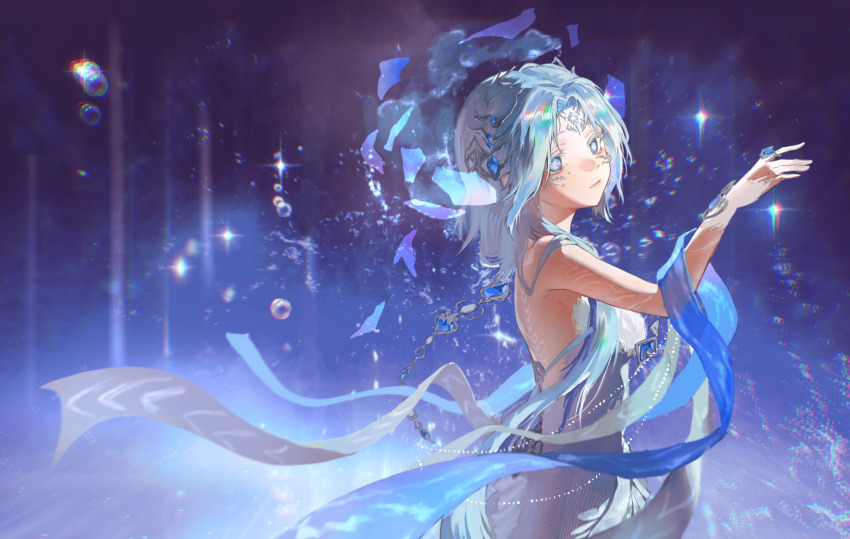 1girl, blue_background, blue_dress, blue_eyes, blue_hair, blue_shawl, bodypaint, born_flawless_(infinity_nikki)