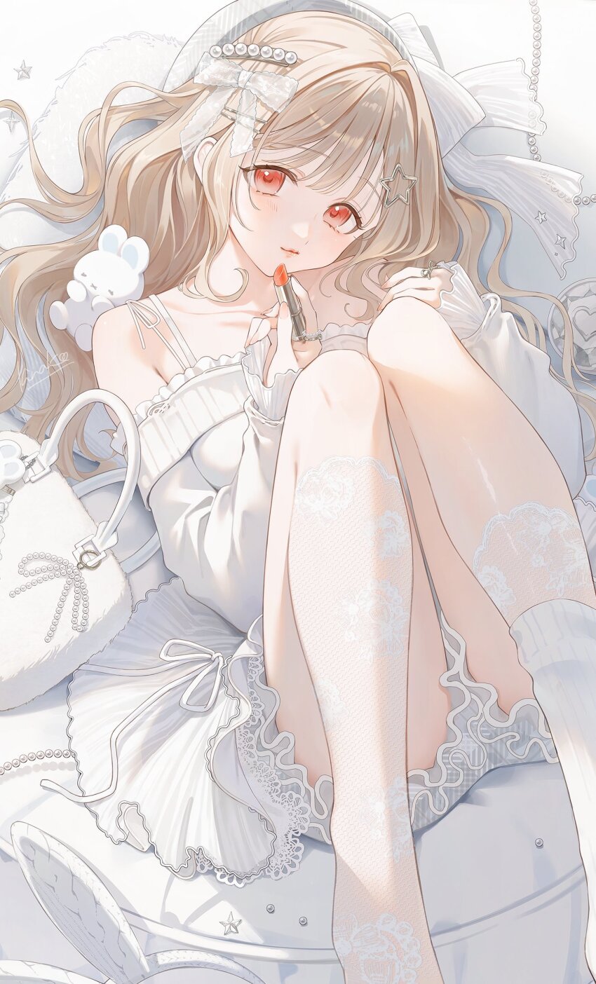 1girl, bag, blonde_hair, bow, bra_strap, choppy_bangs, closed_mouth, commentary_request