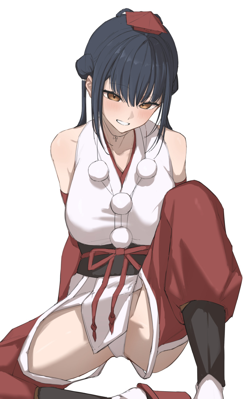 1girl, absurdres, bare_shoulders, black_hair, black_sash, blush, breasts, brown_eyes