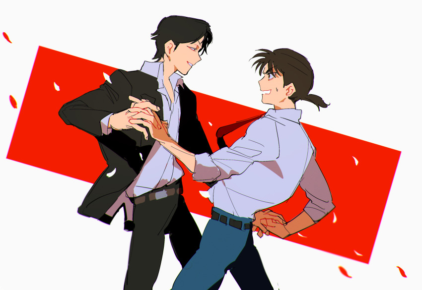 2boys, azisaiharumaki56, black_jacket, black_pants, blue_pants, commentary_request, grin, highres