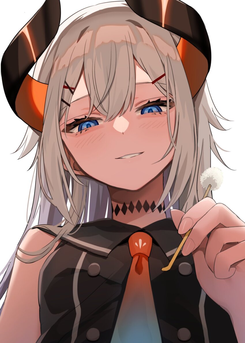 1girl, black_choker, black_horns, black_shirt, blue_eyes, blue_necktie, blush, choker