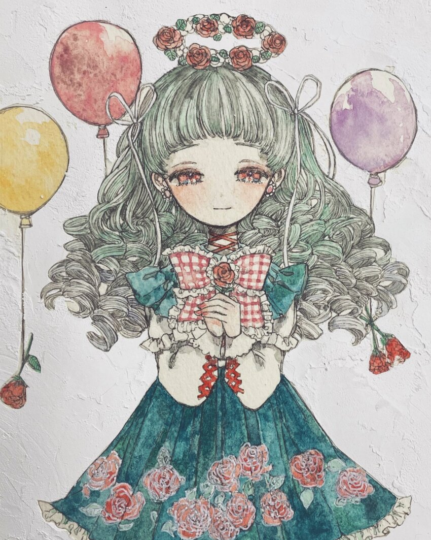 1girl, acrylic_paint_(medium), arched_bangs, balloon, blue_dress, blush, bow, bowtie