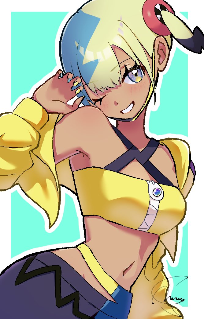 1girl, bandeau, belt, black_belt, canari_(pokemon), commentary, eyelashes, green_background