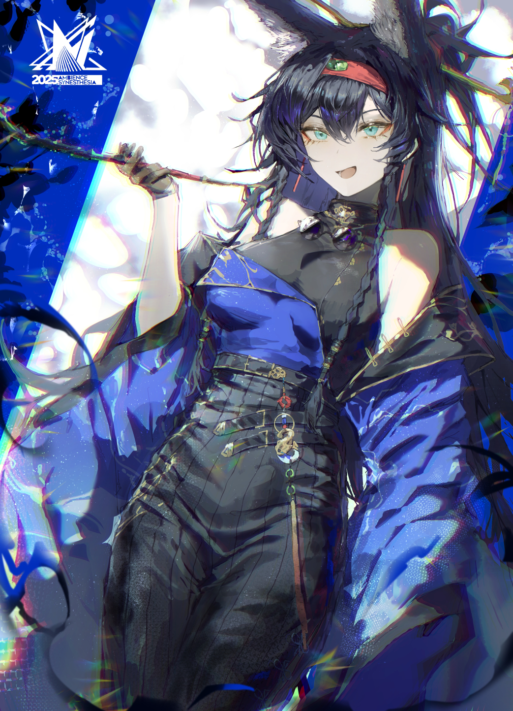 1girl, :d, ambience_synesthesia, animal_ear_fluff, animal_ears, aqua_eyes, arknights, bare_shoulders