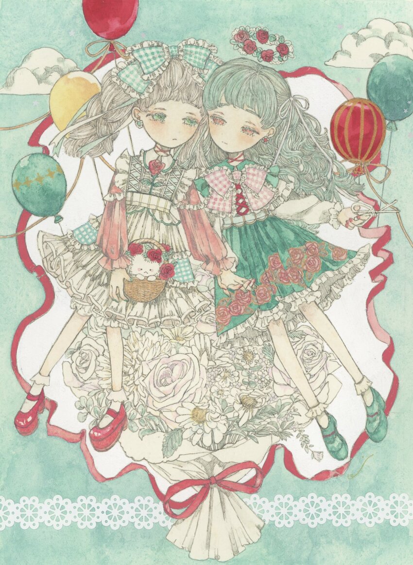 2girls, acrylic_paint_(medium), ankle_socks, arched_bangs, balloon, bare_legs, basket, blush