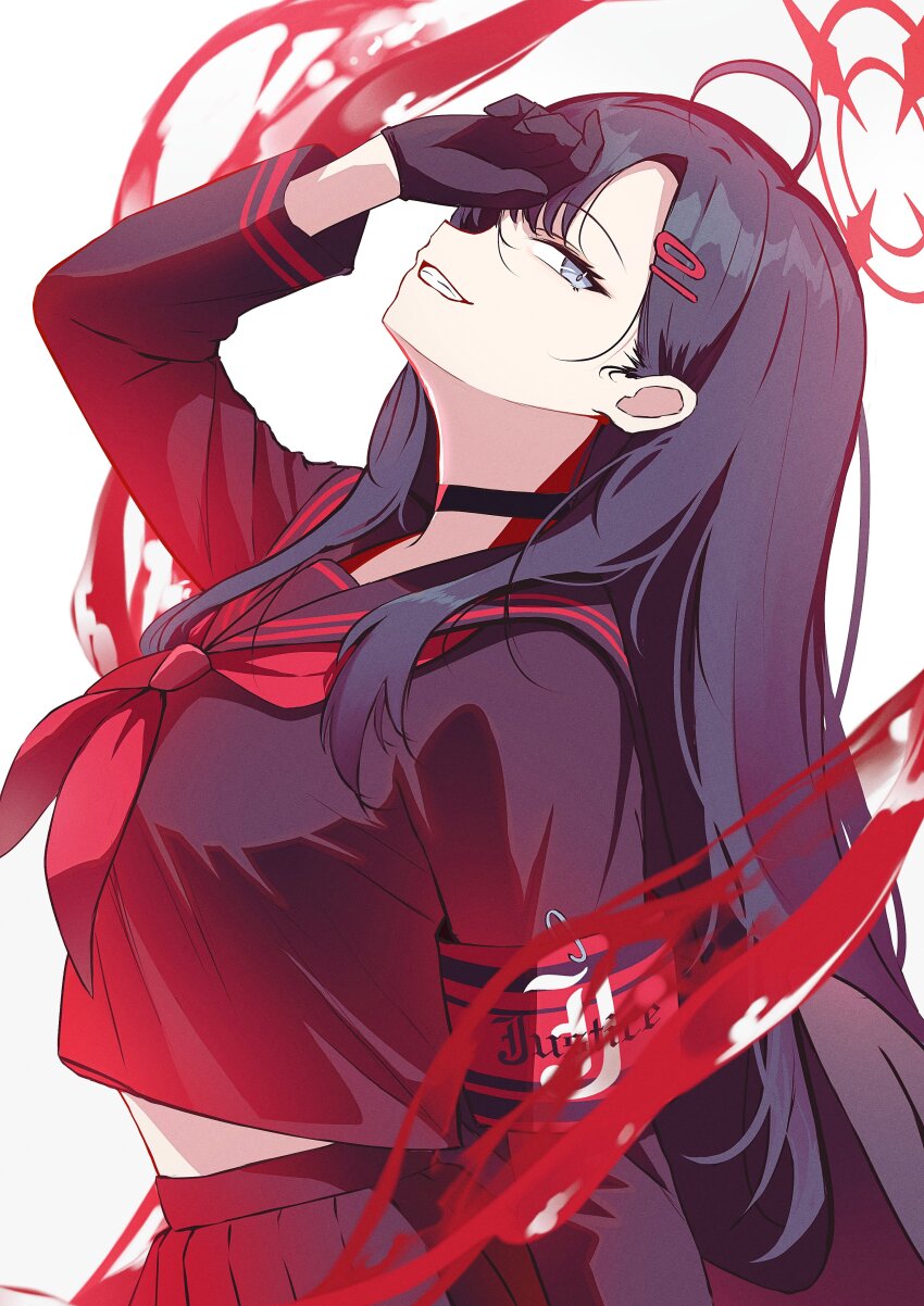 1girl, absurdres, armband, black_choker, black_gloves, black_hair, black_sailor_collar, black_serafuku