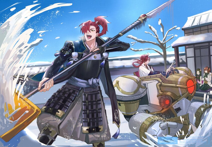 2boys, 2girls, absurdres, ahoge, architecture, armor, black_hair, blue_sky