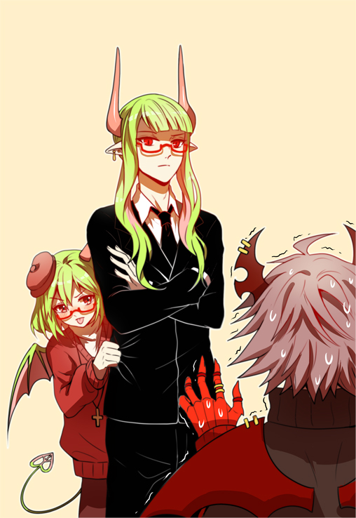 1girl, 2boys, black_suit, demon_girl, demon_horns, demon_tail, demon_wings, emalf_(funamusea)