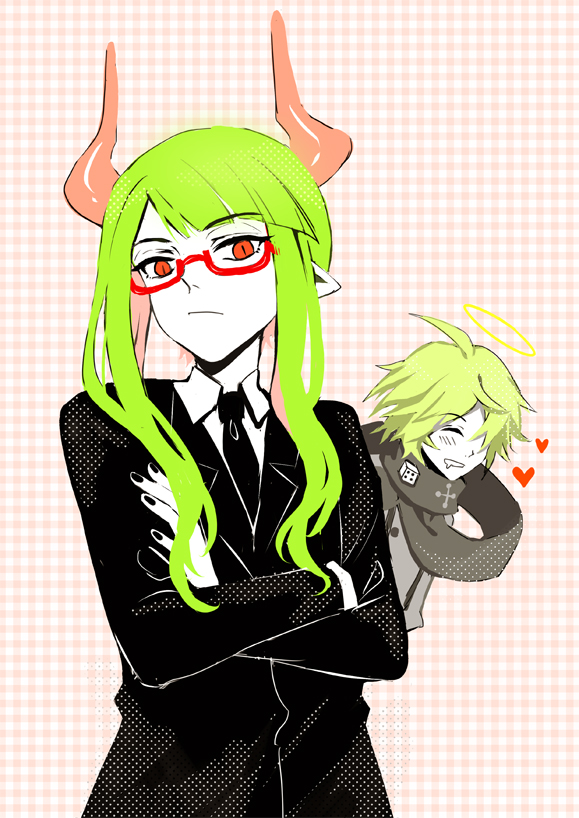 2boys, angel, cape, demon_boy, demon_horns, formal_clothes, funamusea, haiiro_teien