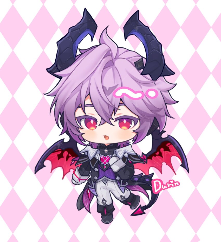 1boy, :d, argyle_background, black_boots, black_horns, black_jacket, blush, boots