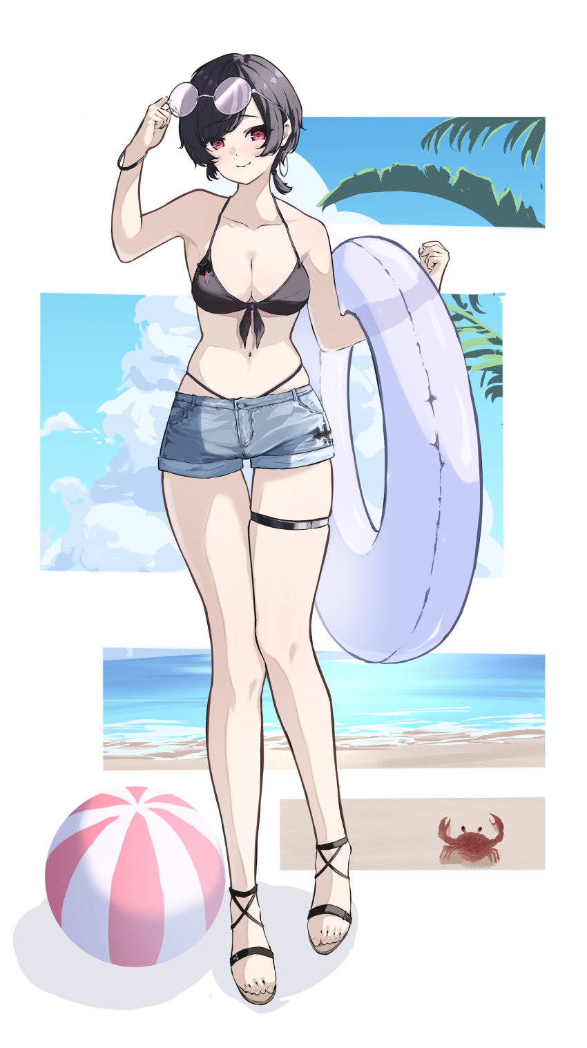 1girl, absurdres, ankle_lace-up, ball, beach, beachball, bikini, bikini_top_only