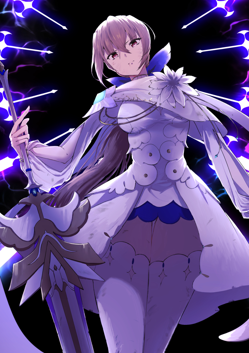 1girl, absurdres, black_background, breasts, dress, flower, from_below, grey_hair