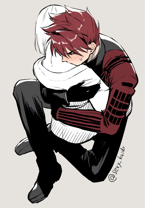 2boys, armor, arms_around_another's_waist, artist_name, back, black_gloves, black_jacket, black_pants