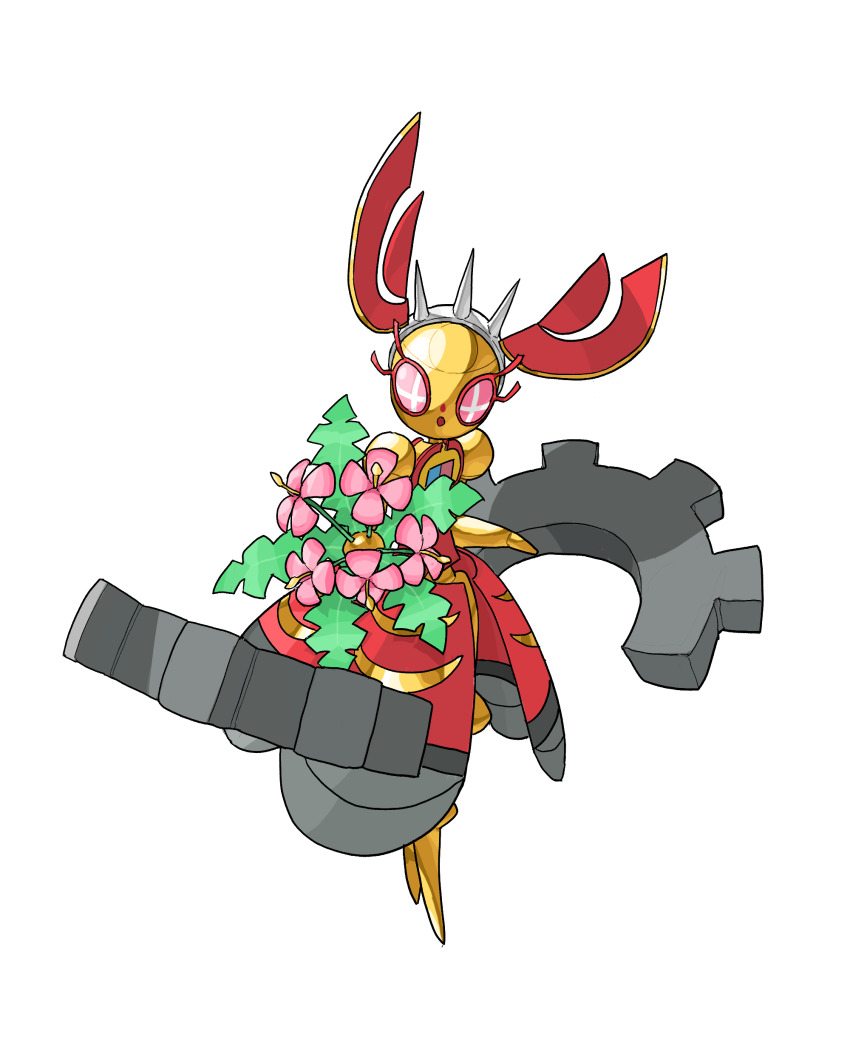 :o, absurdres, bouquet, commentary_request, eyelashes, flower, full_body, gen_7_pokemon, highres, legendary_pokemon, magearna, malryu, mega_magearna, mega_pokemon, mythical_pokemon, nintendo, open_mouth, pink_flower, pokemon, pokemon_(creature), pokemon_focus, robot, solo, spikes, spoilers, transparent_background