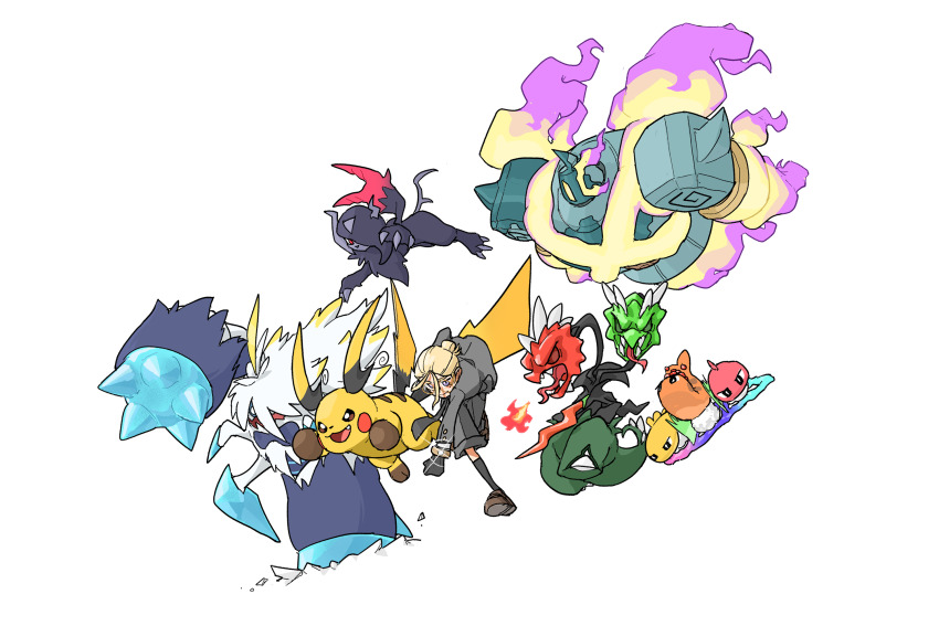 absol, blonde_hair, bracelet, breath_weapon, breathing_fire, brown_shoes, claws, commentary_request