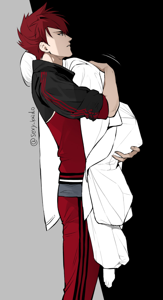 2boys, alternate_costume, artist_name, barefoot, black_background, black_jacket, black_pants, black_trim