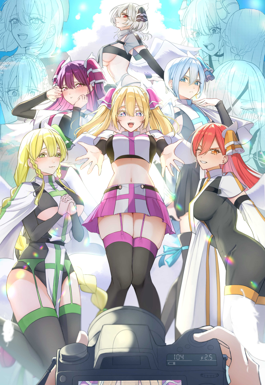 2.5_jigen_no_ririsa, 6+girls, ;d, abe_marina, absurdres, amano_ririsa, ariel_(2.5_jigen_no_ririsa), black_bodysuit