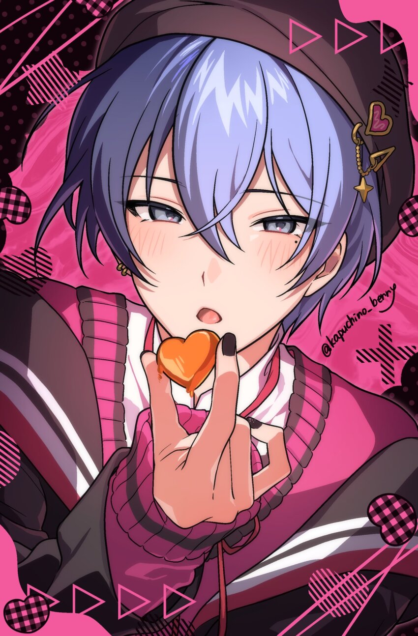 1boy, aoyagi_touya, beanie, black_nails, candy, earrings, food, grey_eyes, hat, highres, holding, holding_candy, holding_food, jewelry, kapuchi~no, light_blush, looking_at_viewer, multicolored_hair, nail_polish, open_mouth, project_sekai, solo, watermark