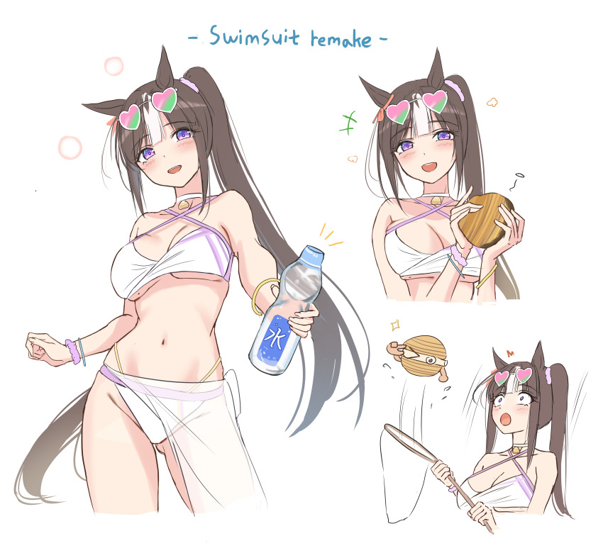 >_o, +++, 1girl, :d, :o, absurdres, alternate_costume, animal_ears, bikini, bottle, bracelet, breasts, brown_hair, choker, cleavage, collarbone, criss-cross_halter, cropped_legs, eyewear_on_head, hair_ornament, hair_scrunchie, halterneck, hand_net, heart, heart-shaped_eyewear, highres, hokki-kun, hokko_tarumae_(umamusume), holding, holding_bottle, horse_ears, horse_girl, horse_tail, jewelry, kimchi_(user_mpzz8457), long_hair, medium_breasts, multicolored_hair, multiple_views, navel, one_eye_closed, open_mouth, ponytail, purple_eyes, sarong, scrunchie, see-through_clothes, see-through_sarong, simple_background, smile, streaked_hair, sunglasses, swimsuit, tail, umamusume, upper_body, water_bottle, white_background, white_bikini, white_choker, white_hair, white_sarong, wrist_scrunchie