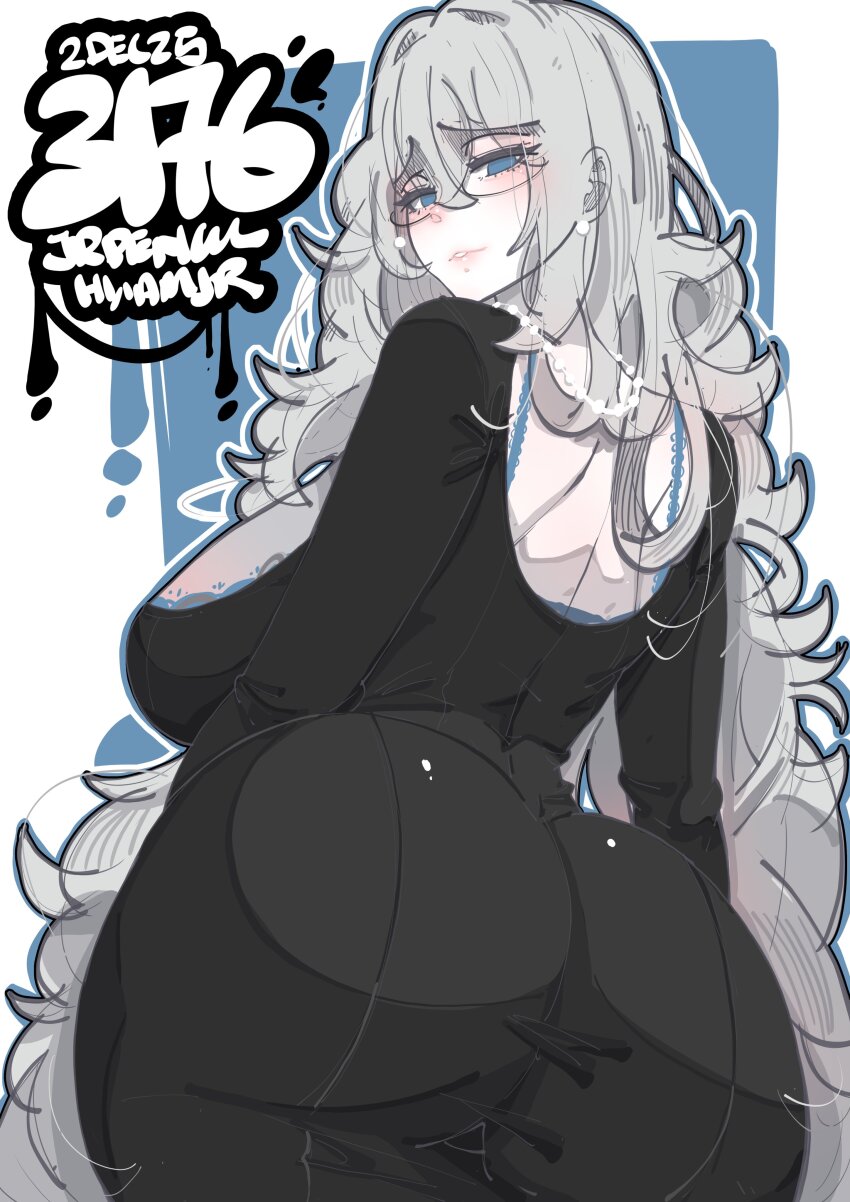 1girl, absurdres, artist_name, ass, black_dress, blue_eyes, bra, bra_peek, breasts, commentary, cowboy_shot, curvy, double-parted_bangs, dress, english_commentary, from_behind, glasses, grey_hair, hair_between_eyes, highres, huge_ass, huge_breasts, jrpencil, long_hair, looking_at_viewer, looking_back, original, parted_lips, raised_inner_eyebrows, smirk, solo, underwear