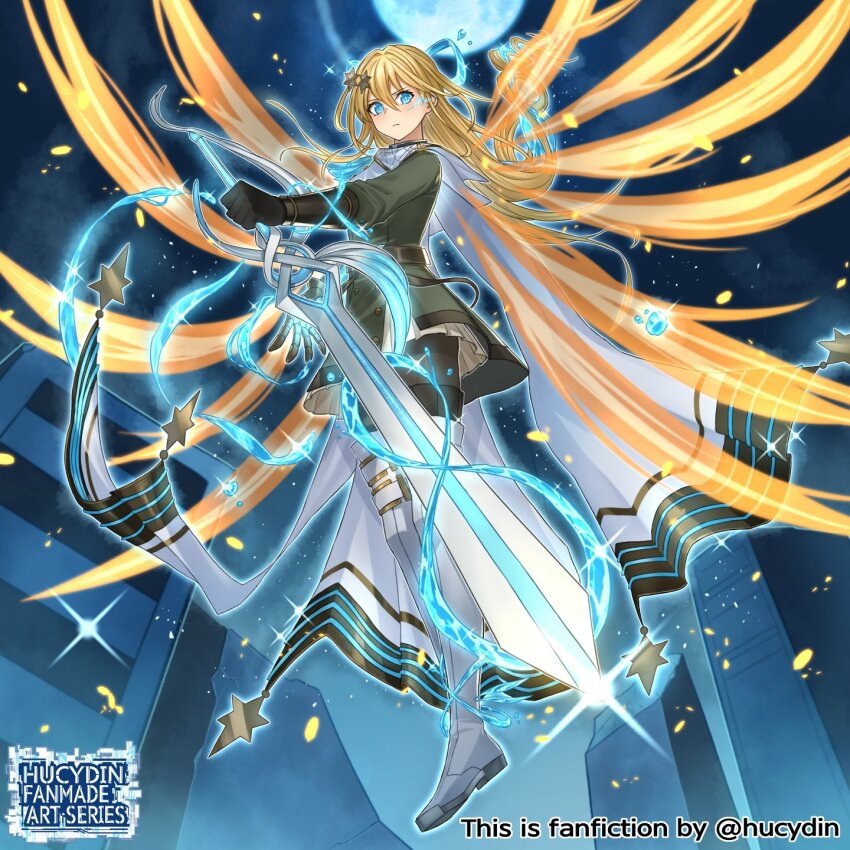 1girl, black_pantyhose, blonde_hair, blue_eyes, boots, cape, duel_monster, exosister_elis