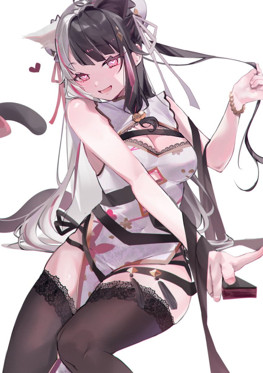 1girl, :d, absurdres, animal_ears, atten, bare_arms, bead_bracelet, beads, black_hair, black_ribbon, black_thighhighs, blush, bracelet, breasts, bright_pupils, bun_cover, cat_ears, cat_girl, cat_tail, china_dress, chinese_clothes, cleavage, cleavage_cutout, clothing_cutout, commentary_request, covered_navel, double_bun, dress, feet_out_of_frame, hair_bobbles, hair_bun, hair_ornament, hair_ribbon, hand_up, heart, heart-shaped_pupils, highres, holding, holding_own_hair, jewelry, kemonomimi_mode, lace, lace-trimmed_thighhighs, lace_trim, long_hair, long_sidelocks, looking_at_viewer, low-tied_sidelocks, medium_breasts, mismatched_animal_ear_colors, multicolored_hair, nijisanji, open_mouth, panty_straps, pelvic_curtain, pink_eyes, pink_hair, red_ribbon, ribbon, sidelocks, simple_background, sleeveless, sleeveless_dress, smile, solo, split-color_hair, streaked_hair, symbol-shaped_pupils, tail, thighhighs, underboob_cutout, variant_set, very_long_hair, virtual_youtuber, white_background, white_dress, white_hair, white_pupils, white_ribbon, yorumi_rena, yorumi_rena_(10th_costume)