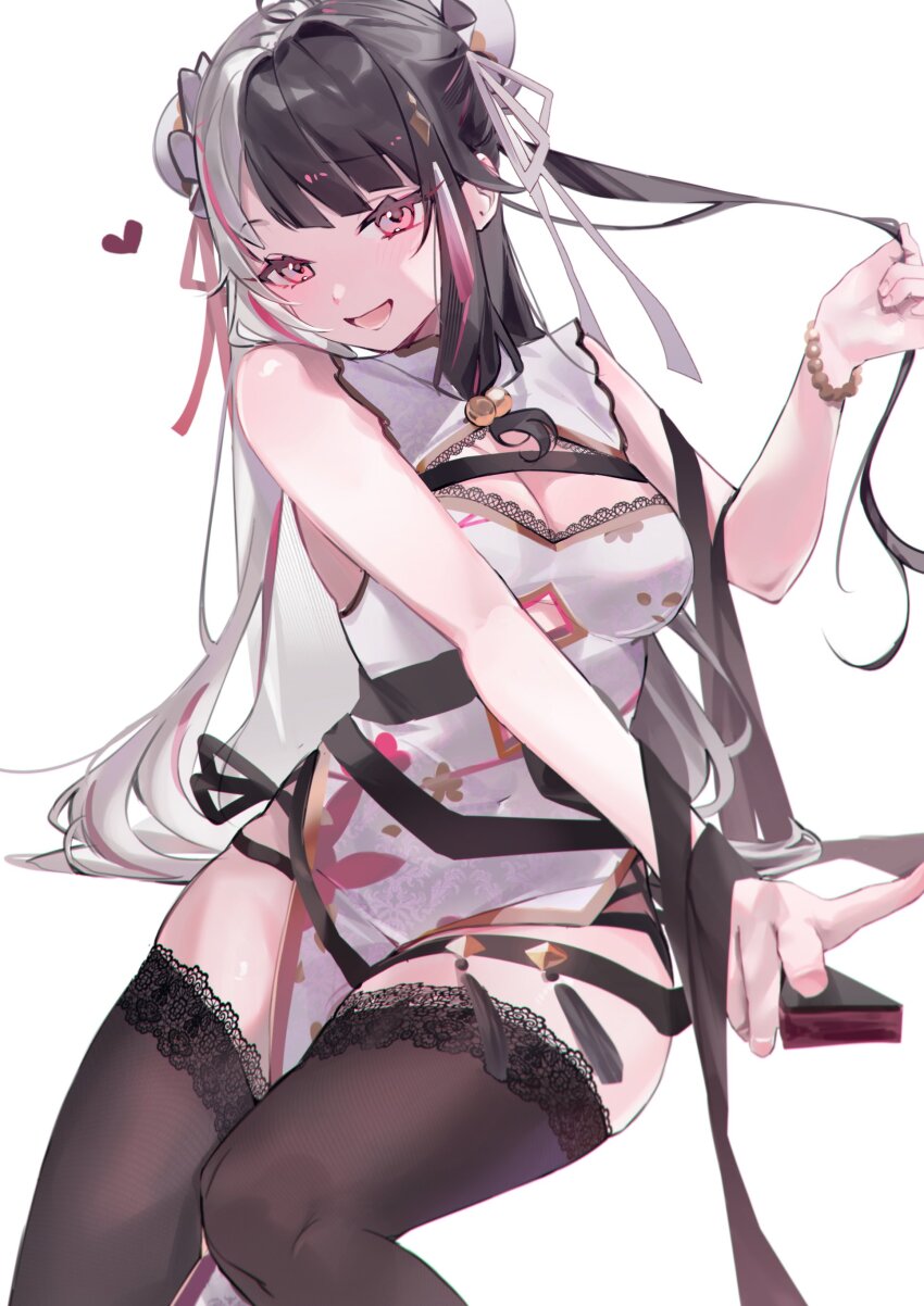 1girl, :d, absurdres, atten, bare_arms, bead_bracelet, beads, black_hair