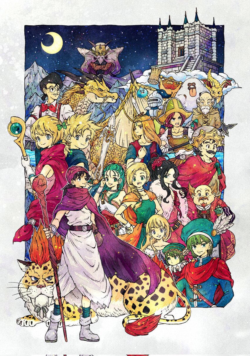 andy_(dq5), aqua_tunic, arm_around_another's_waist, armor, baby, beard, bella_(dq5), belt