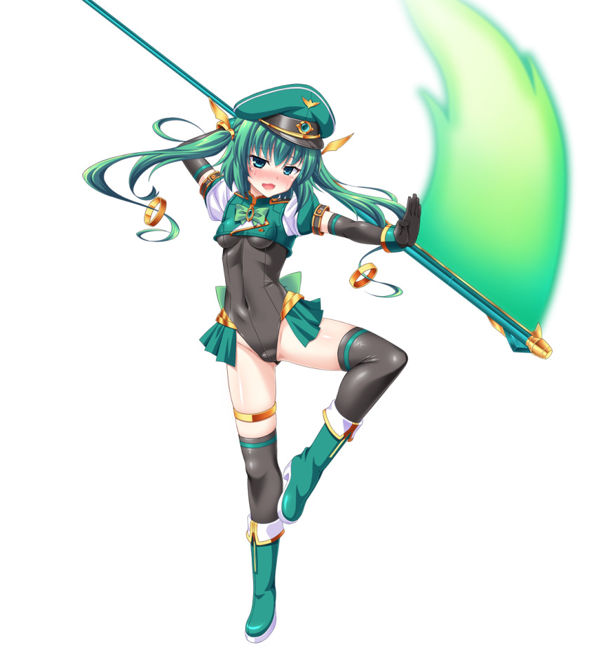 1girl, aoi_masami, aqua_eyes, black_gloves, black_thighhighs, blush, boots, breasts