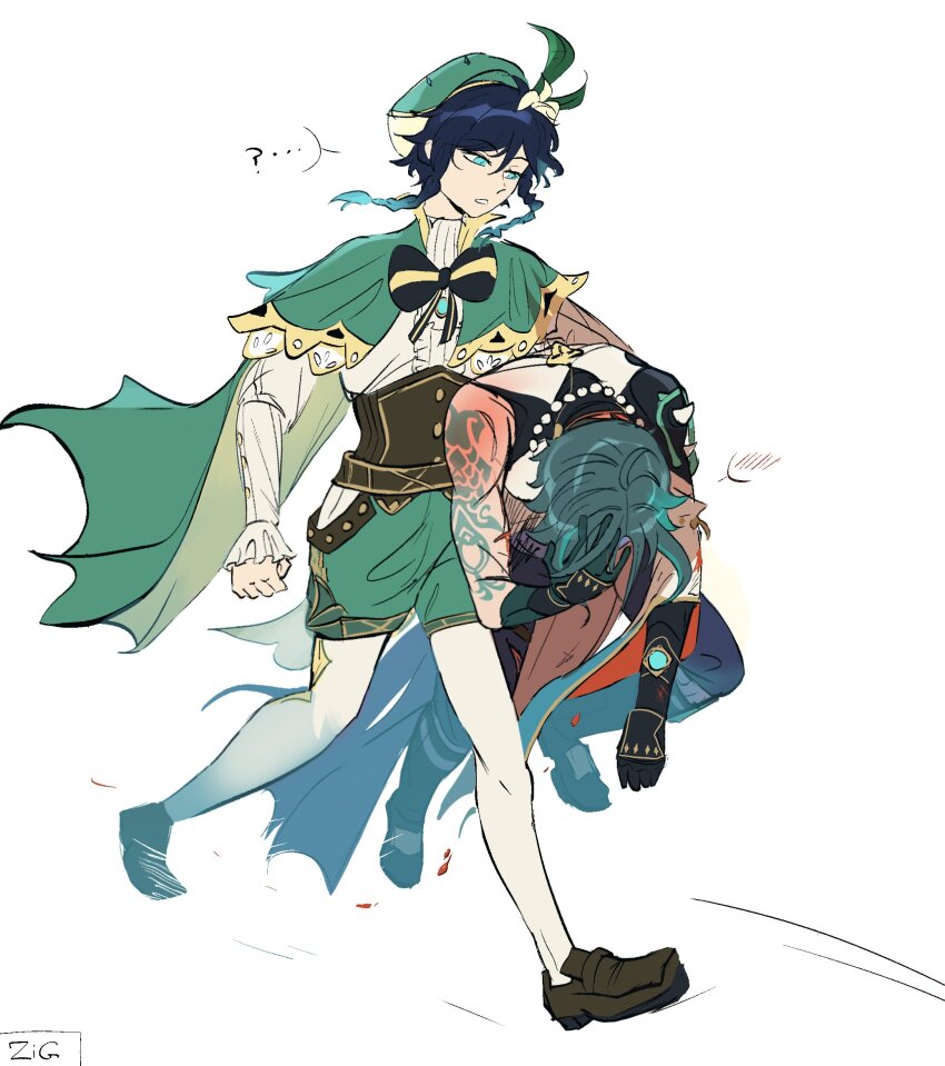 ..., 2boys, ?, ahoge, aqua_hair, argyle_clothes, argyle_pantyhose, arm_tattoo