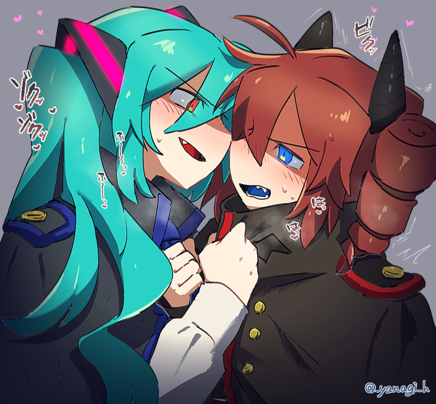 2girls, ^^^, aqua_hair, black_coat, blue_eyes, blue_necktie, blue_tongue, blush