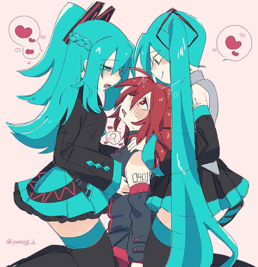 3girls, ?, belt, black_shirt, black_skirt, black_thighhighs, blue_eyes, blue_hair, blue_skirt, blush, braid, detached_sleeves, drill_hair, girl_sandwich, grey_shirt, half_up_braid, hand_on_another's_shoulder, hatsune_miku, hatsune_miku_(if), heart, heart-shaped_pupils, highres, kasane_teto, licking_lips, multiple_girls, open_mouth, pink_background, pleated_skirt, ponytail, red_eyes, red_hair, sandwiched, shirt, simple_background, skirt, sleeveless, sleeveless_shirt, spoken_heart, spoken_question_mark, sweat, symbol-shaped_pupils, thighhighs, tongue, tongue_out, twin_drills, twintails, twitter_username, utau, vocaloid, yanagihae, yuri