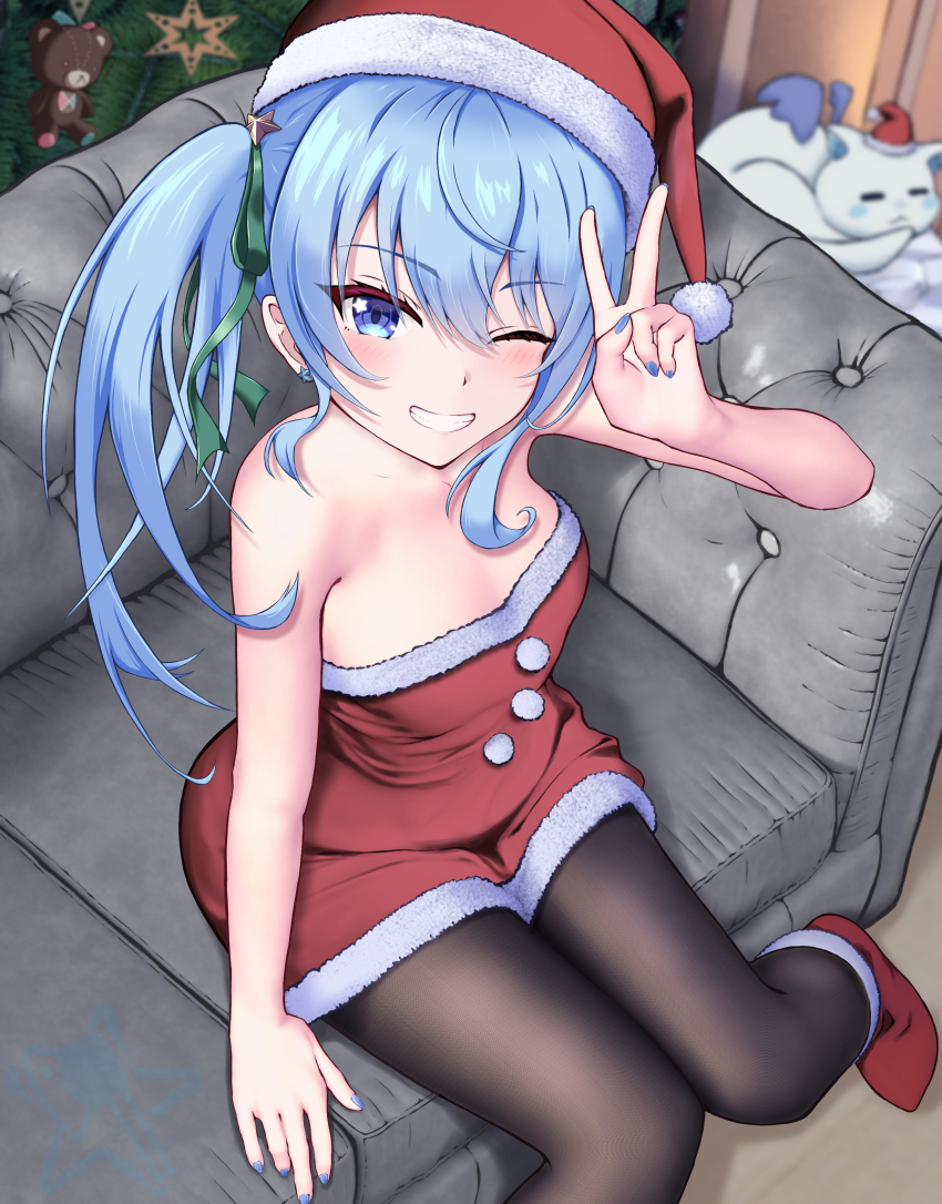 1girl, absurdres, bare_arms, bare_shoulders, black_pantyhose, blue_eyes, blue_hair, blue_nails