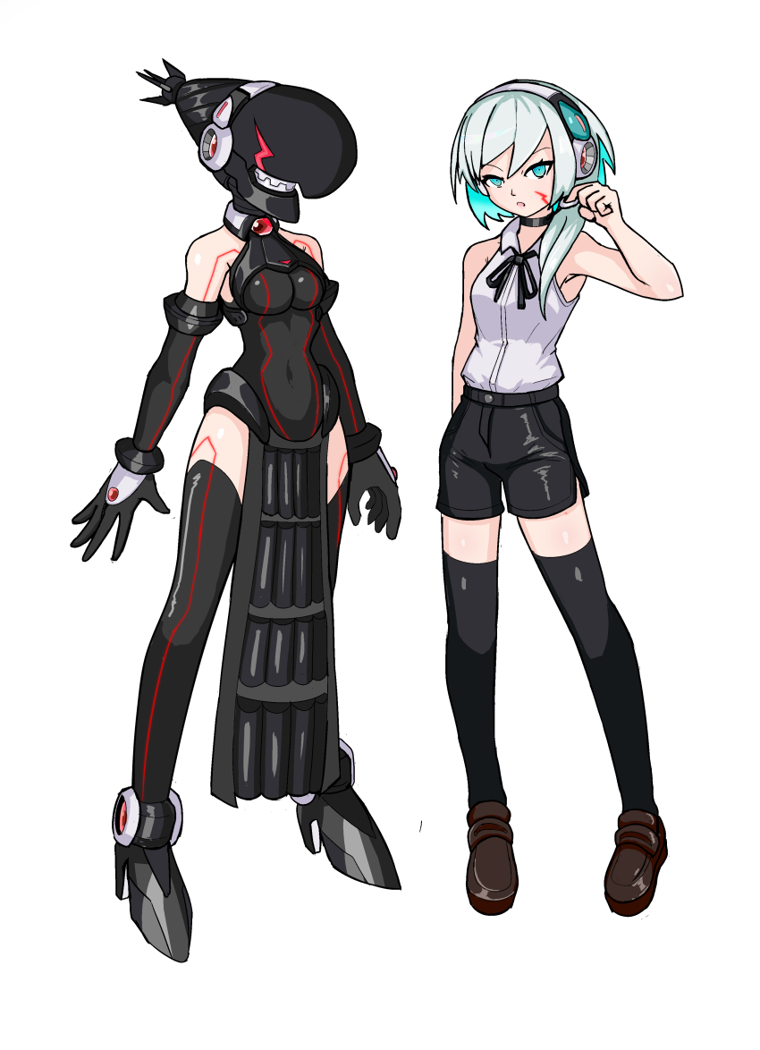 absurdres, black_leotard, black_shorts, black_thighhighs, blue_eyes, blue_hair, breasts, character_request, copyright_request, cosplay, facial_mark, full_body, grey_hair, hayebsi, helmet, highres, ico_(megaman_x_dive), ico_(megaman_x_dive)_(cosplay), leotard, medium_breasts, mega_man_(series), mega_man_x_(series), mega_man_x_dive, shirt, shorts, thighhighs, white_shirt