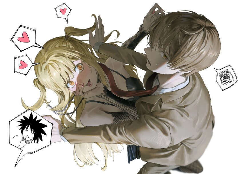 1girl, 2boys, absurdres, amane_misa, bare_shoulders, black_hair, black_shirt, blonde_hair, blush, breasts, brown_hair, brown_jacket, brown_pantyhose, collared_shirt, death_note, finger_to_mouth, fishnet_sleeves, fishnets, from_above, hair_between_eyes, half_updo, hand_on_own_cheek, hand_on_own_face, hashtag-only_commentary, heart, highres, jacket, l_(death_note), long_hair, medium_breasts, multiple_boys, necktie, on_ho10, open_mouth, orange_eyes, pantyhose, parted_lips, red_necktie, shirt, short_hair, short_twintails, smile, spaghetti_strap, spiked_hair, spoken_heart, spoken_squiggle, squiggle, suit_jacket, twintails, white_background, white_shirt, yagami_light